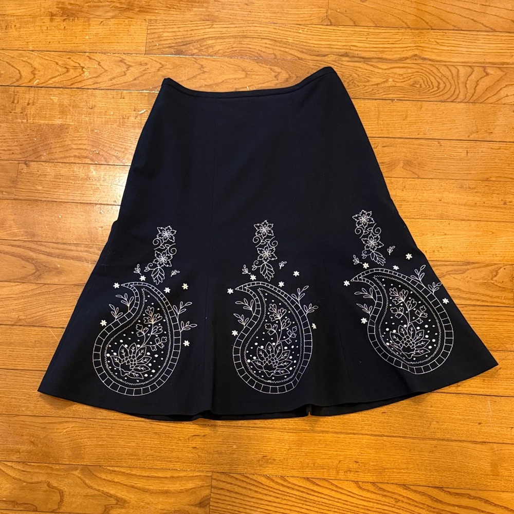 LOFT Navy A-Line Skirt with White Embroidery